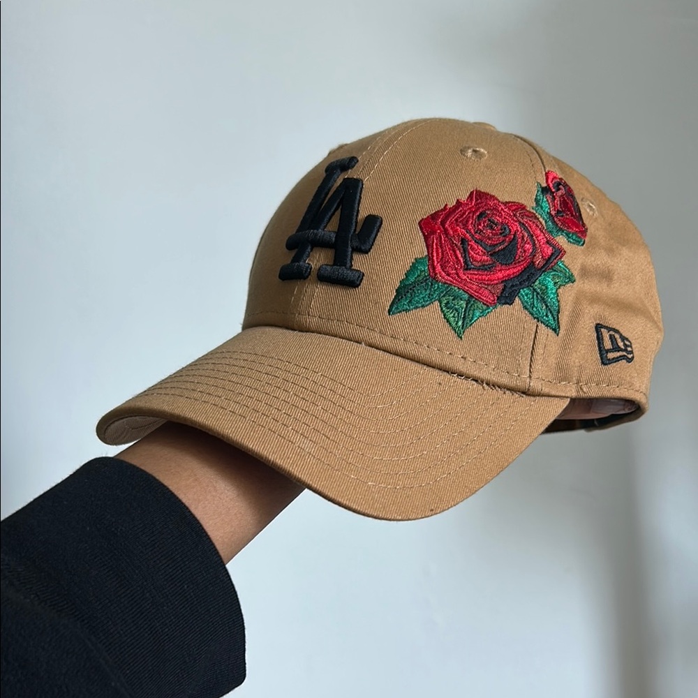 New Era Tan Cap with Red Rose and Black Logo